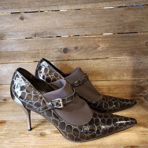 Donald J. Pliner Brown Patent Leather Crocodile Print Pointed Heels 11M